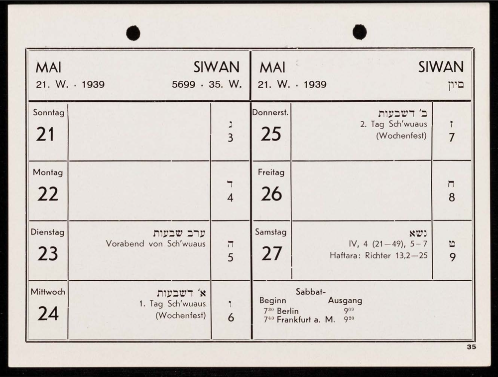 Calendar page for the week of Shavuot 1939 in the JFB calendar (p. 35r).