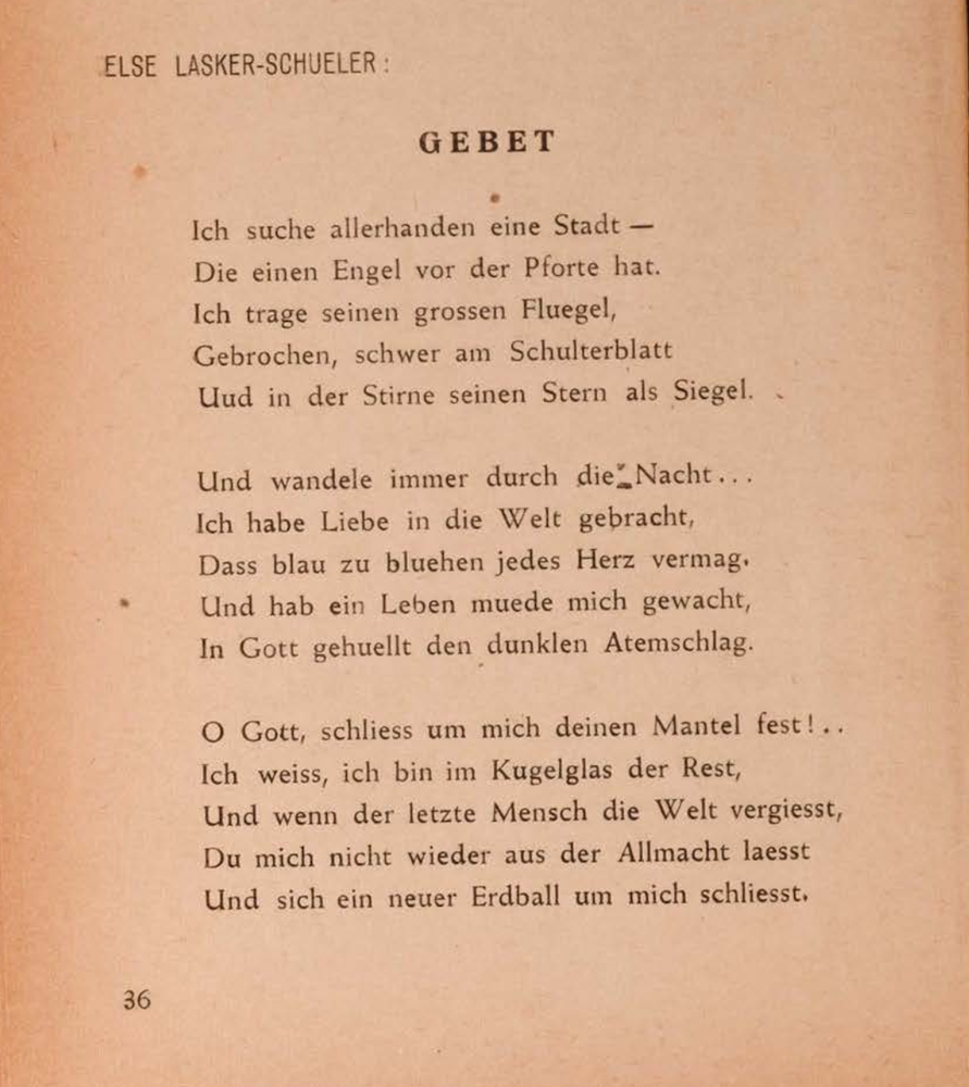 Photograph of Else Lasker-Schüler’s poem Prayer, as published in German in the Ariel Almanac.