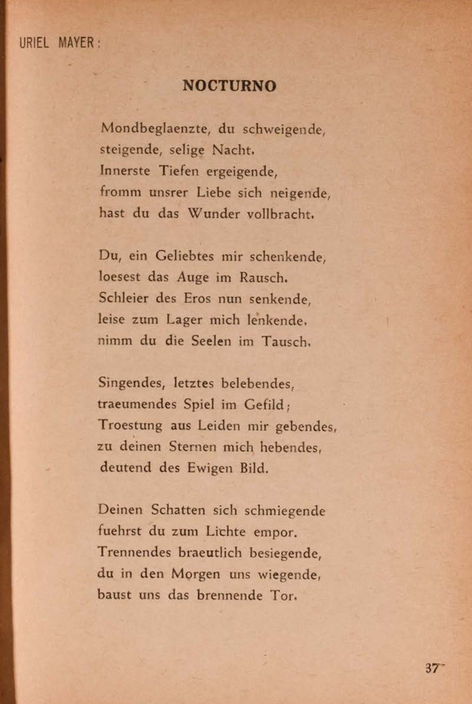 Photograph of Uriel Mayer’s poem Nocturno, as published in German in the Ariel Almanac.