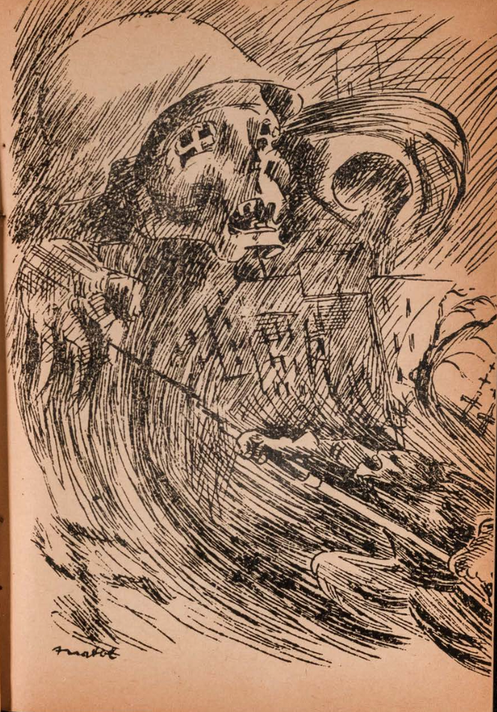 Anatol Gurewitsch, *Das ist er* (“This Is Him”), ink drawing created for the *Ariel Almanac*. The composition features a giant skull in a military helmet with cross-shaped forms resembling swastikas in place of eyes, and a rifle-bearing soldier below advancing toward it.