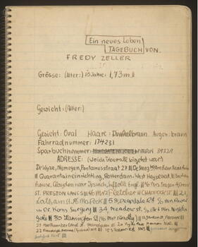 Frederic Zeller, diary: Frederic Zeller, Frederic Zeller papers: Series 1,  File 7: Diary December 1938-April 1939’, United States Holocaust Memorial Museum, 2017.576.1,scan 1. (United States Holocaust Memorial Museum Collection, Gift of Susan Kennedy Zeller In loving memory of her husband Frederic Zeller and his family)
